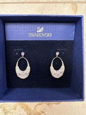 Swarovski Iridescent Pink and Clear Crystal Hoop Drop Earrings New